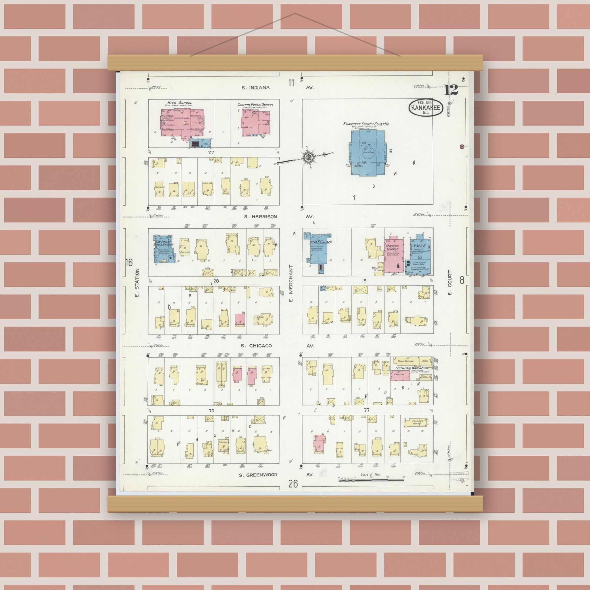Old map wall art mockup — magnetic wood frame on brick wall — Sanborn Fire Insurance Map from Kankakee, Kankakee County, Illinois (1914), Sheet #0012