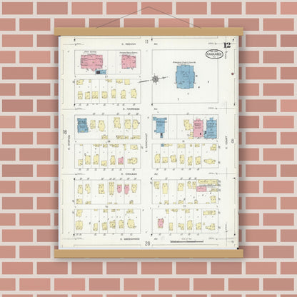Old map wall art mockup — magnetic wood frame on brick wall — Sanborn Fire Insurance Map from Kankakee, Kankakee County, Illinois (1914), Sheet #0012