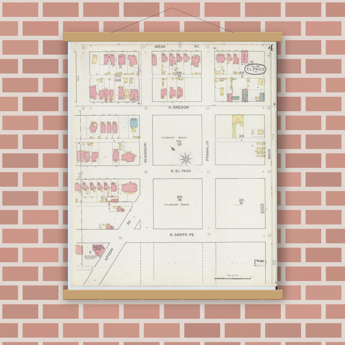 Old map wall art mockup — magnetic wood frame on brick wall — Sanborn Fire Insurance Map from El Paso, El Paso County, Texas (1893), Sheet #0004