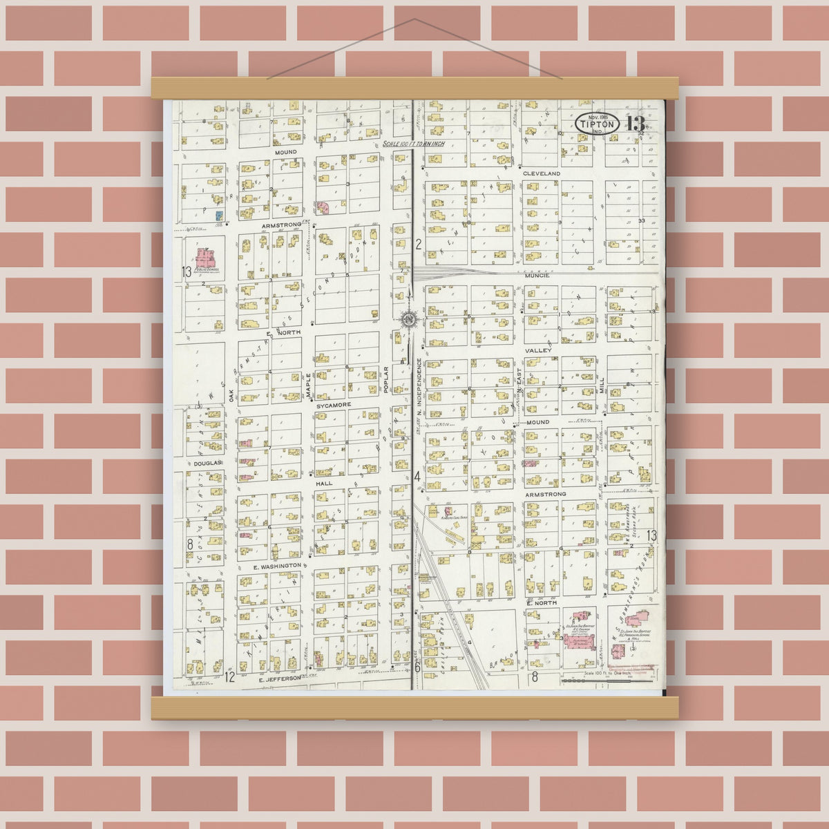 Old map wall art mockup — magnetic wood frame on brick wall — Sanborn Fire Insurance Map from Tipton, Tipton County, Indiana (1915), Sheet #0013