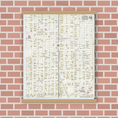 Old map wall art mockup — magnetic wood frame on brick wall — Sanborn Fire Insurance Map from Tipton, Tipton County, Indiana (1915), Sheet #0013