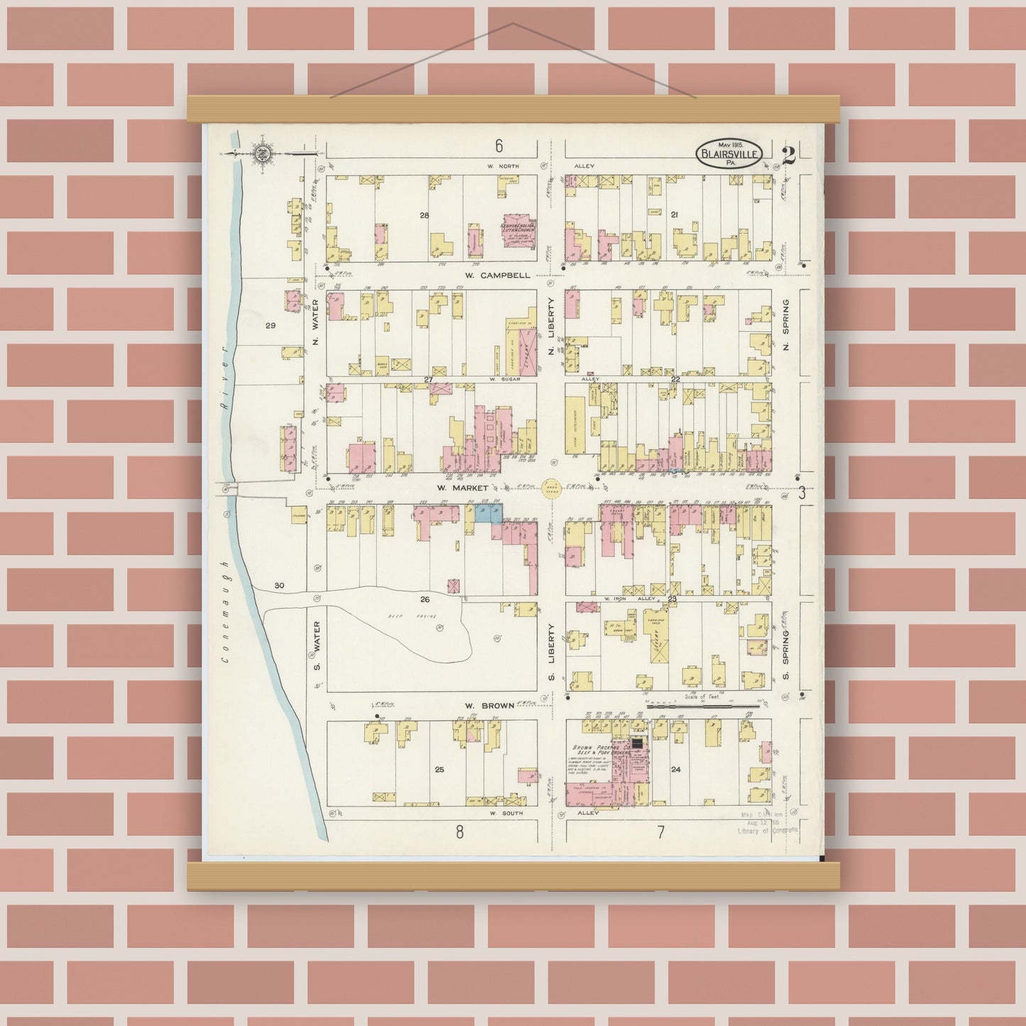 Old map wall art mockup — magnetic wood frame on brick wall — Sanborn Fire Insurance Map from Blairsville, Indiana County, Pennsylvania (1915), Sheet #0002