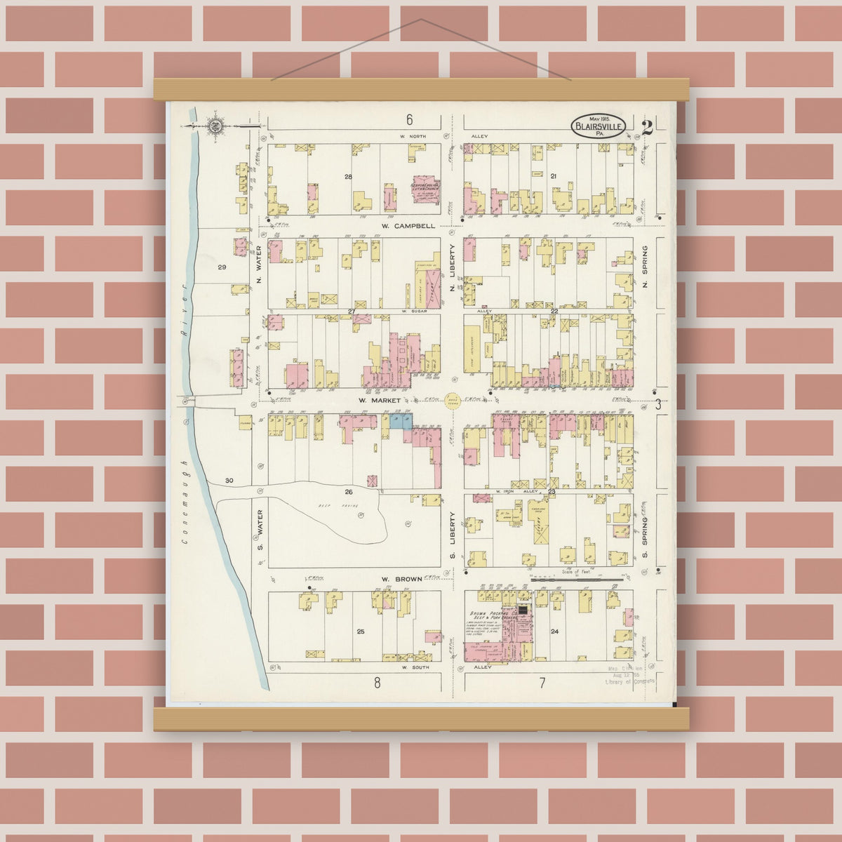 Old map wall art mockup — magnetic wood frame on brick wall — Sanborn Fire Insurance Map from Blairsville, Indiana County, Pennsylvania (1915), Sheet #0002