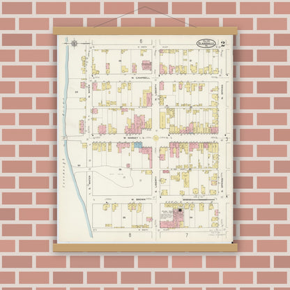 Old map wall art mockup — magnetic wood frame on brick wall — Sanborn Fire Insurance Map from Blairsville, Indiana County, Pennsylvania (1915), Sheet #0002