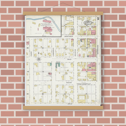 Old map wall art mockup — magnetic wood frame on brick wall — Sanborn Fire Insurance Map from Barry, Pike County, Illinois (1894), Sheet #0002