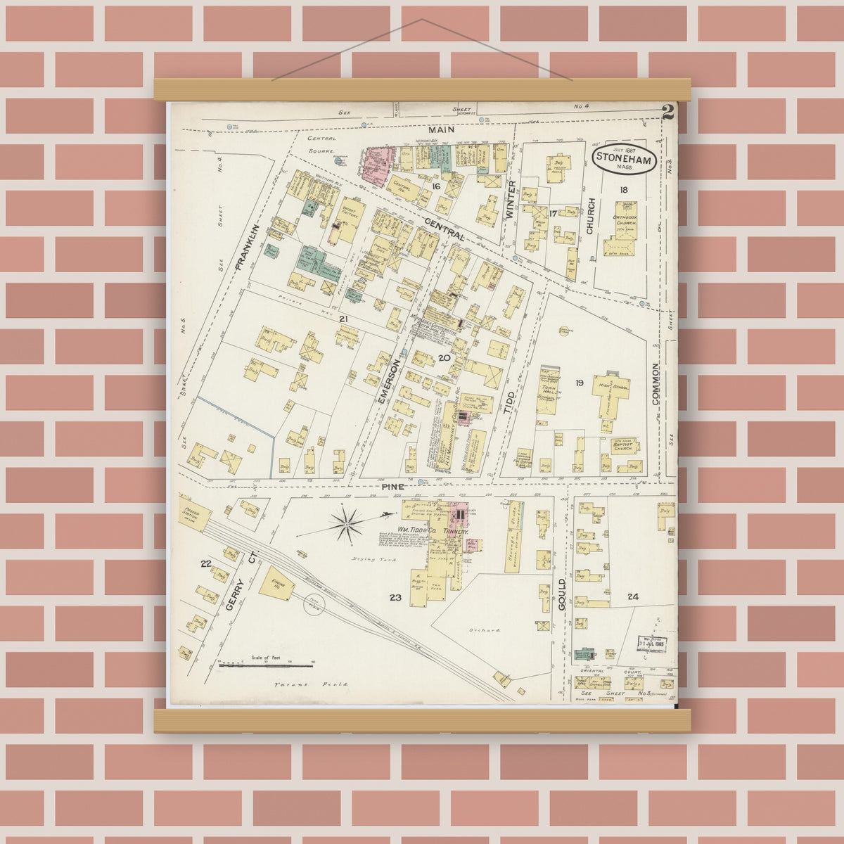 Old map wall art mockup — magnetic wood frame on brick wall — Sanborn Fire Insurance Map from Stoneham, Middlesex County, Massachusetts (1887), Sheet #0002