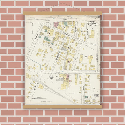 Old map wall art mockup — magnetic wood frame on brick wall — Sanborn Fire Insurance Map from Stoneham, Middlesex County, Massachusetts (1887), Sheet #0002