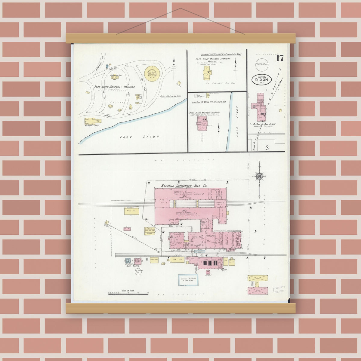 Old map wall art mockup — magnetic wood frame on brick wall — Sanborn Fire Insurance Map from Dixon, Lee County, Illinois (1910), Sheet #0017