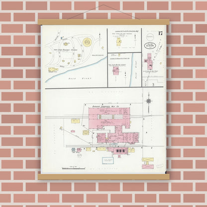 Old map wall art mockup — magnetic wood frame on brick wall — Sanborn Fire Insurance Map from Dixon, Lee County, Illinois (1910), Sheet #0017