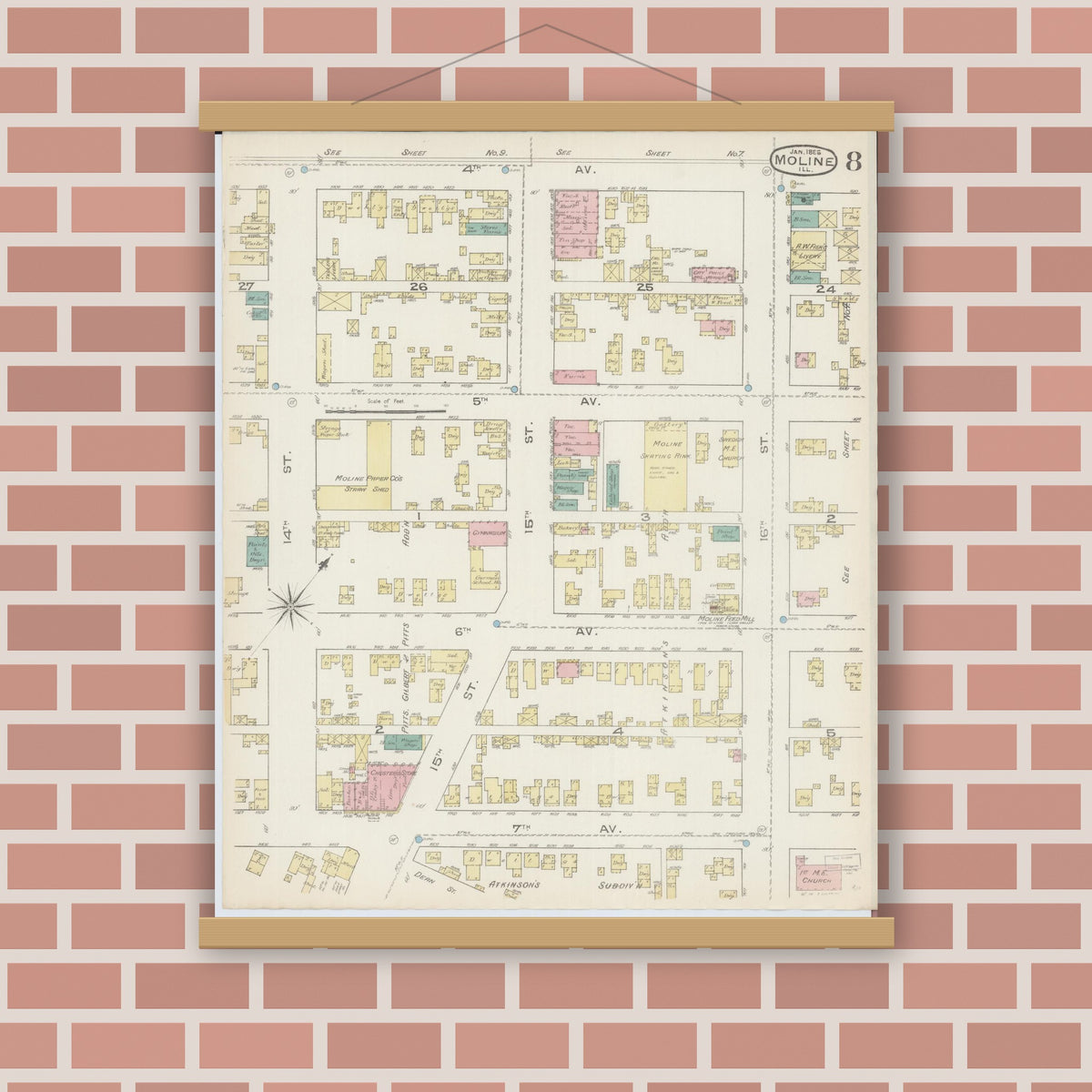 Old map wall art mockup — magnetic wood frame on brick wall — Sanborn Fire Insurance Map from Moline, Rock Island County, Illinois (1886), Sheet #0008