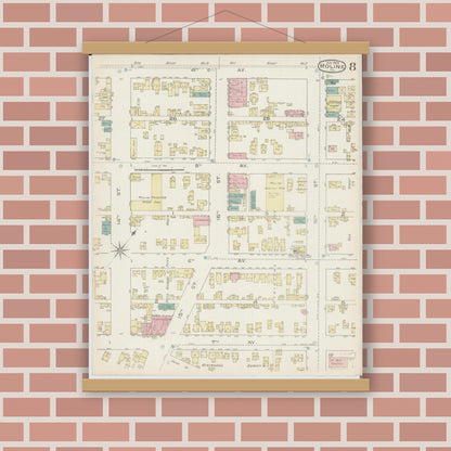 Old map wall art mockup — magnetic wood frame on brick wall — Sanborn Fire Insurance Map from Moline, Rock Island County, Illinois (1886), Sheet #0008