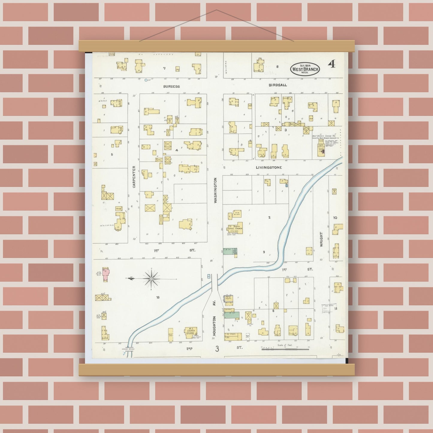 Old map wall art mockup — magnetic wood frame on brick wall — Sanborn Fire Insurance Map from West Branch, Ogemaw County, Michigan (1904), Sheet #0004