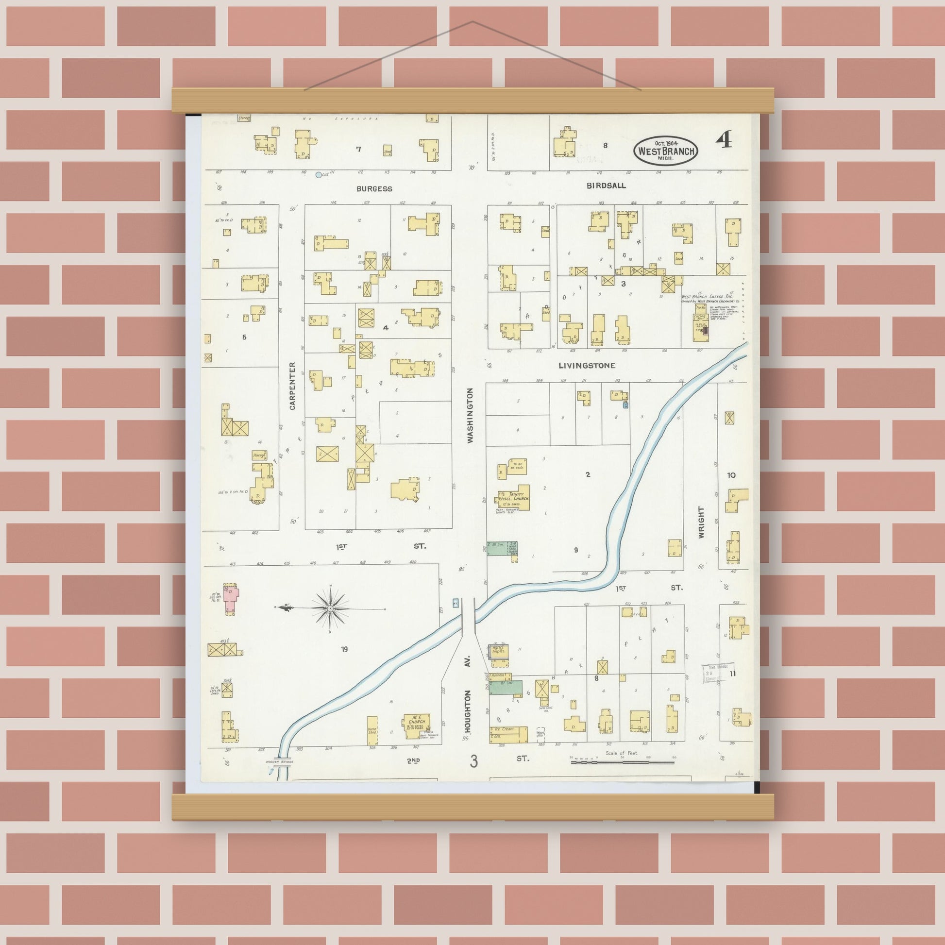 Old map wall art mockup — magnetic wood frame on brick wall — Sanborn Fire Insurance Map from West Branch, Ogemaw County, Michigan (1904), Sheet #0004