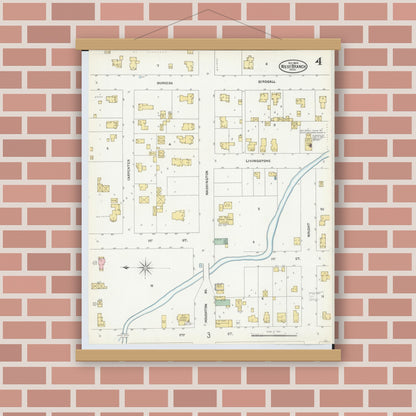 Old map wall art mockup — magnetic wood frame on brick wall — Sanborn Fire Insurance Map from West Branch, Ogemaw County, Michigan (1904), Sheet #0004