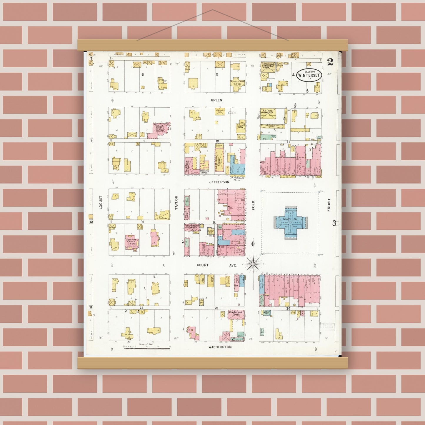 Old map wall art mockup — magnetic wood frame on brick wall — Sanborn Fire Insurance Map from Winterset, Madison County, Iowa (1899), Sheet #0002