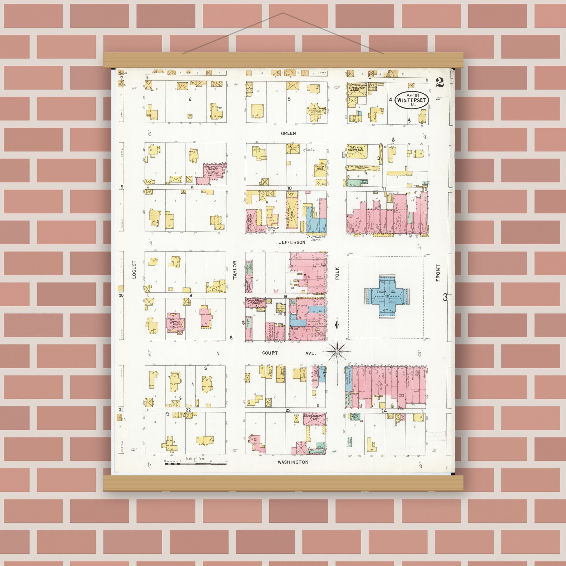 Old map wall art mockup — magnetic wood frame on brick wall — Sanborn Fire Insurance Map from Winterset, Madison County, Iowa (1899), Sheet #0002