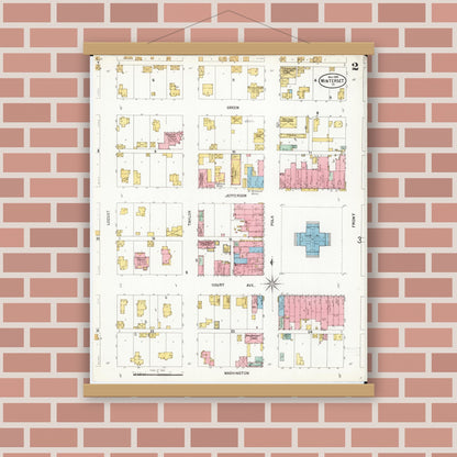 Old map wall art mockup — magnetic wood frame on brick wall — Sanborn Fire Insurance Map from Winterset, Madison County, Iowa (1899), Sheet #0002