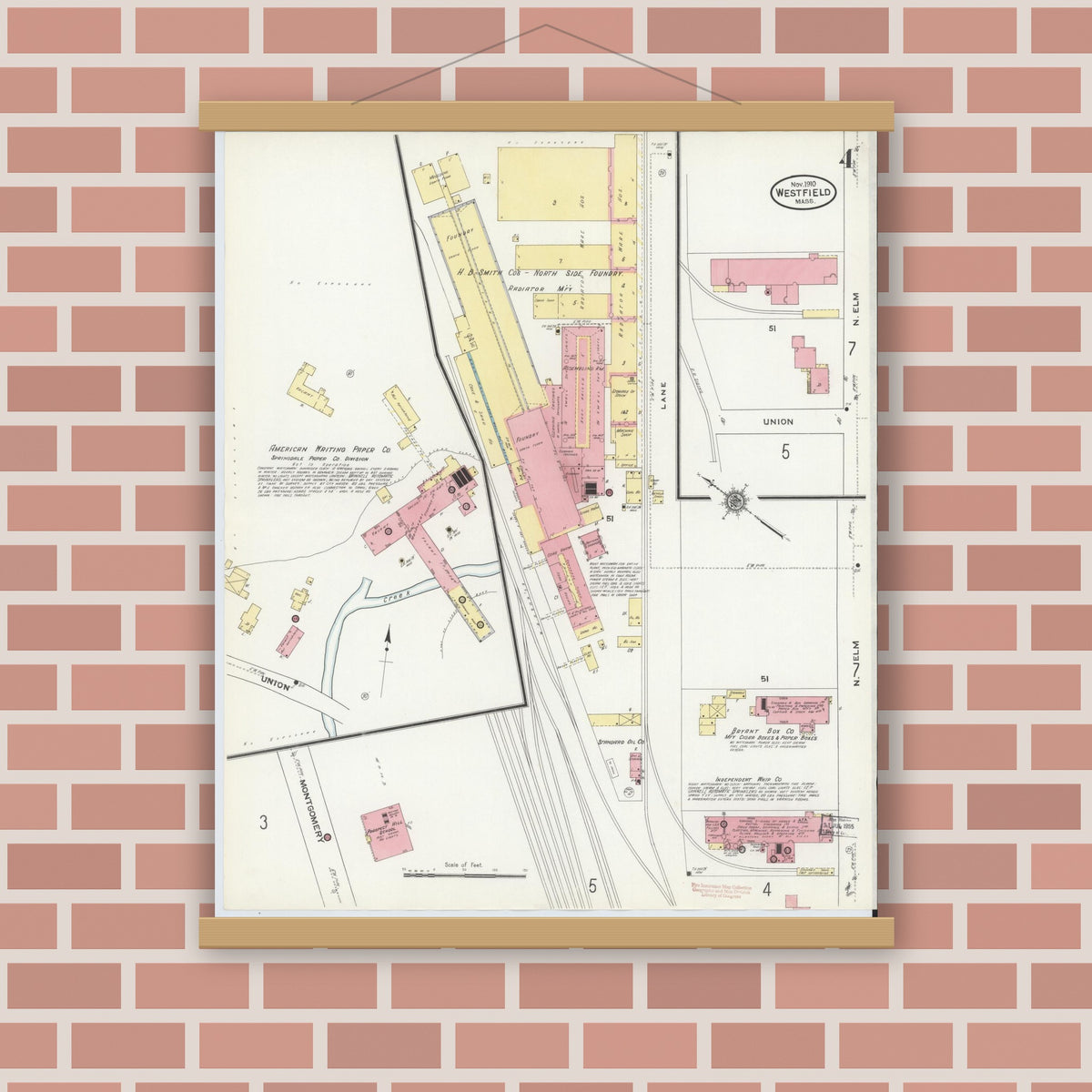 Old map wall art mockup — magnetic wood frame on brick wall — Sanborn Fire Insurance Map from Westfield, Hampden County, Massachusetts (1910), Sheet #0004