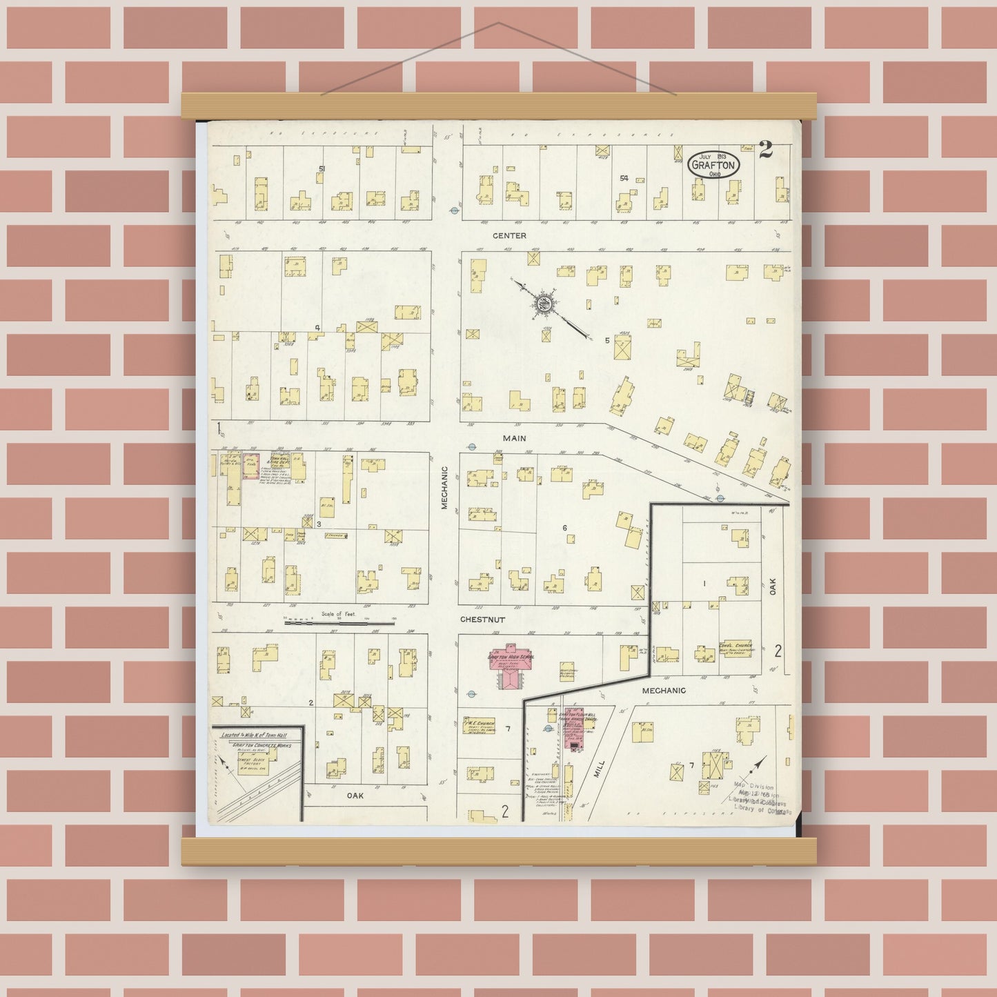 Old map wall art mockup — magnetic wood frame on brick wall — Sanborn Fire Insurance Map from Grafton, Lorain County, Ohio (1913), Sheet #0002