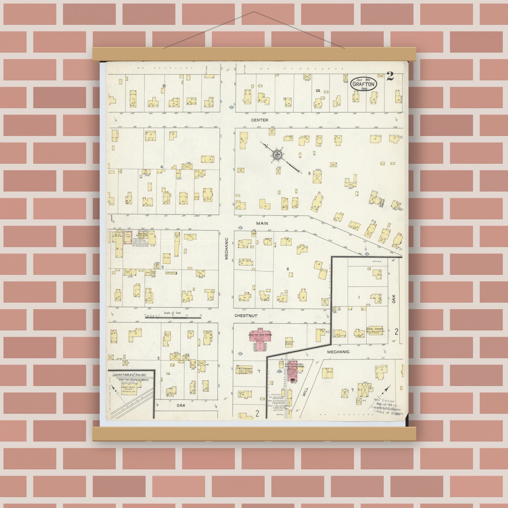 Old map wall art mockup — magnetic wood frame on brick wall — Sanborn Fire Insurance Map from Grafton, Lorain County, Ohio (1913), Sheet #0002