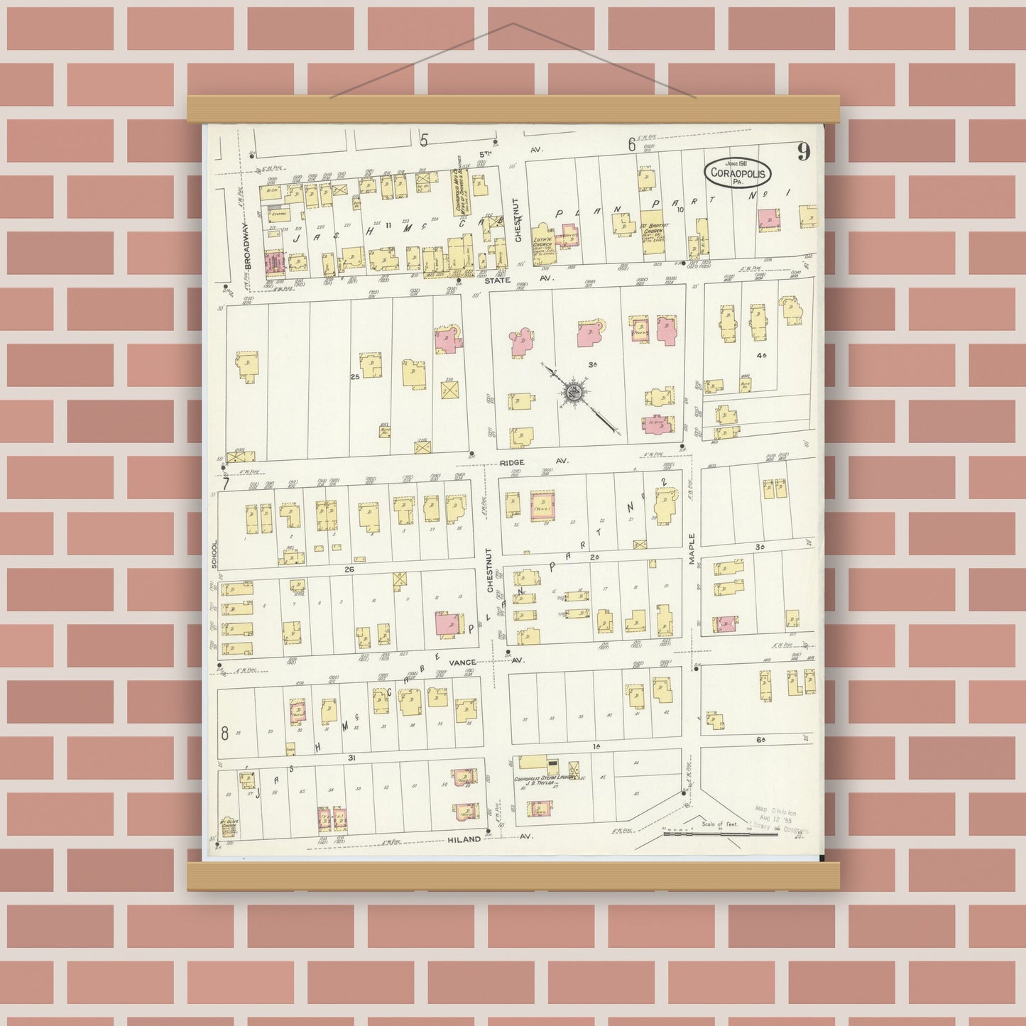 Old map wall art mockup — magnetic wood frame on brick wall — Sanborn Fire Insurance Map from Coraopolis, Allegheny County, Pennsylvania (1911), Sheet #0009