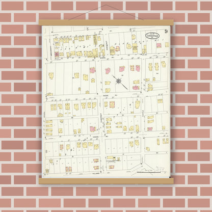 Old map wall art mockup — magnetic wood frame on brick wall — Sanborn Fire Insurance Map from Coraopolis, Allegheny County, Pennsylvania (1911), Sheet #0009