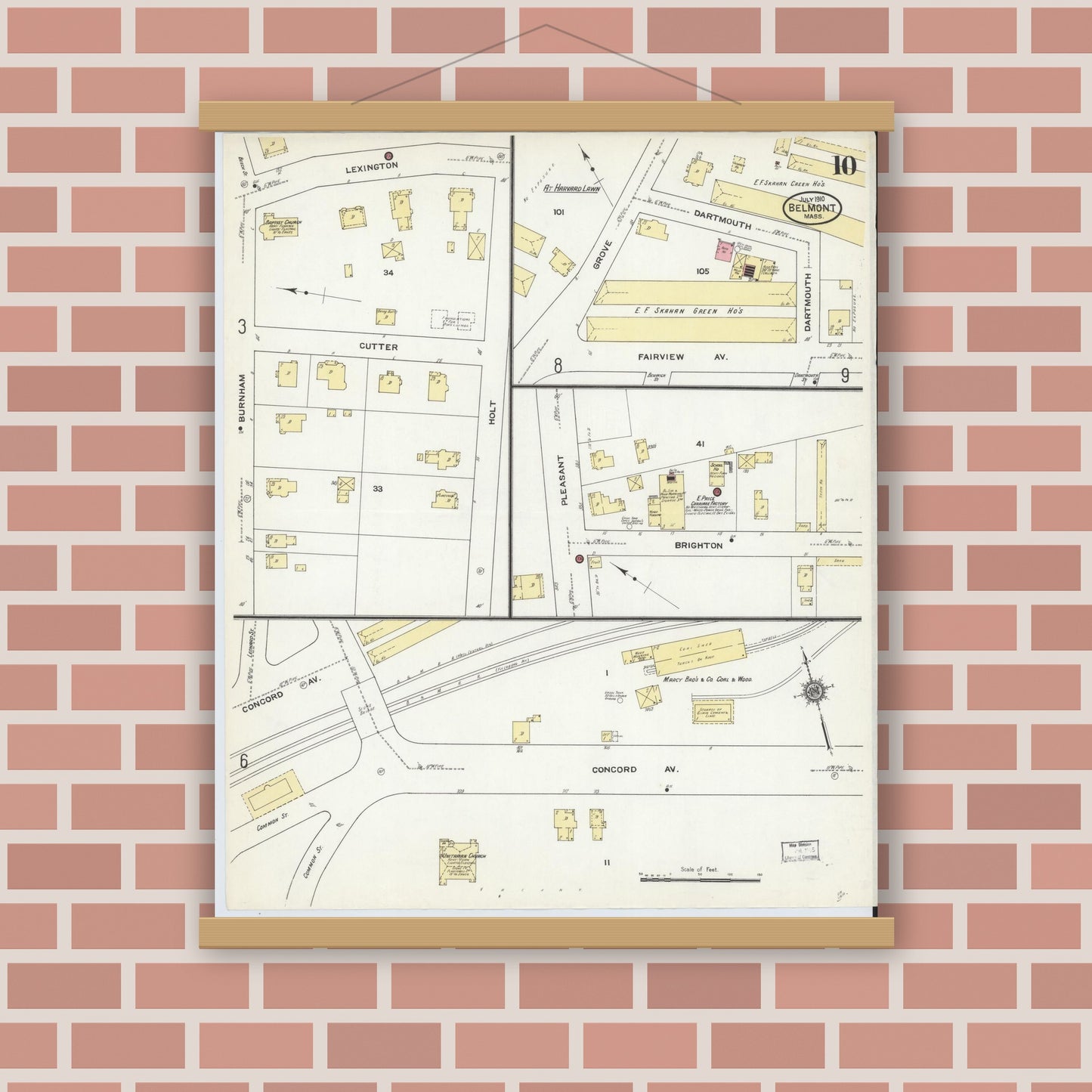 Old map wall art mockup — magnetic wood frame on brick wall — Sanborn Fire Insurance Map from Belmont, Middlesex County, Massachusetts (1910), Sheet #0010