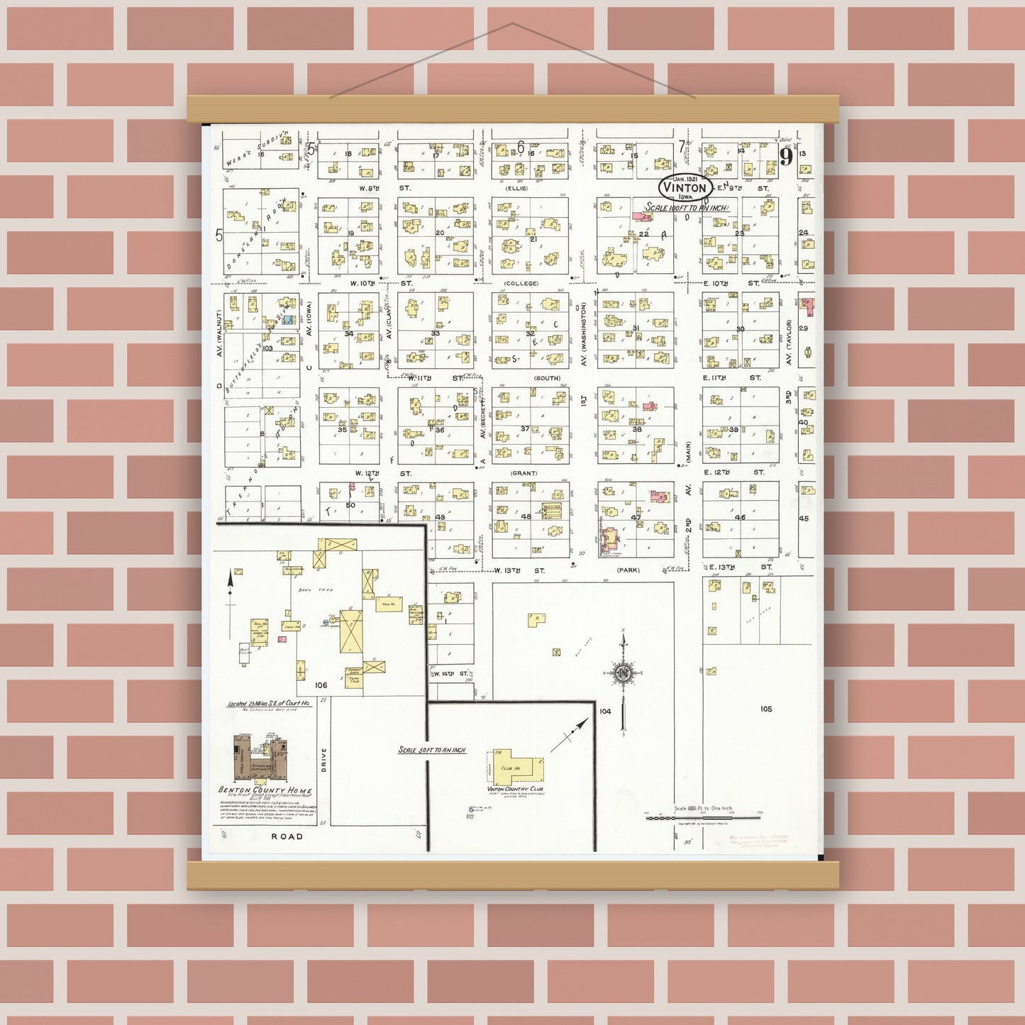 Old map wall art mockup — magnetic wood frame on brick wall — Sanborn Fire Insurance Map from Vinton, Benton County, Iowa (1921), Sheet #0009
