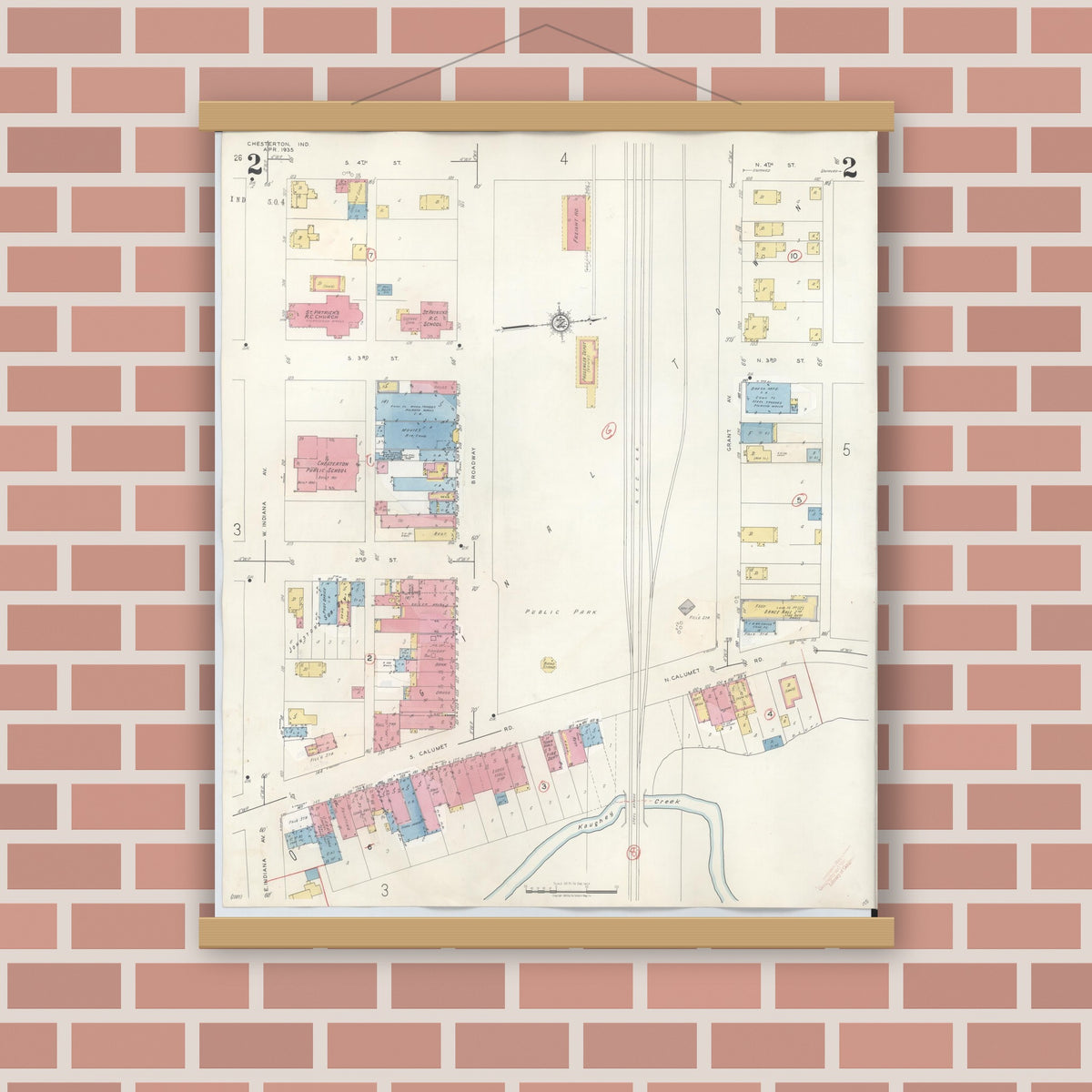 Old map wall art mockup — magnetic wood frame on brick wall — Sanborn Fire Insurance Map from Chesterton, Porter County, Indiana (1951), Sheet #0002