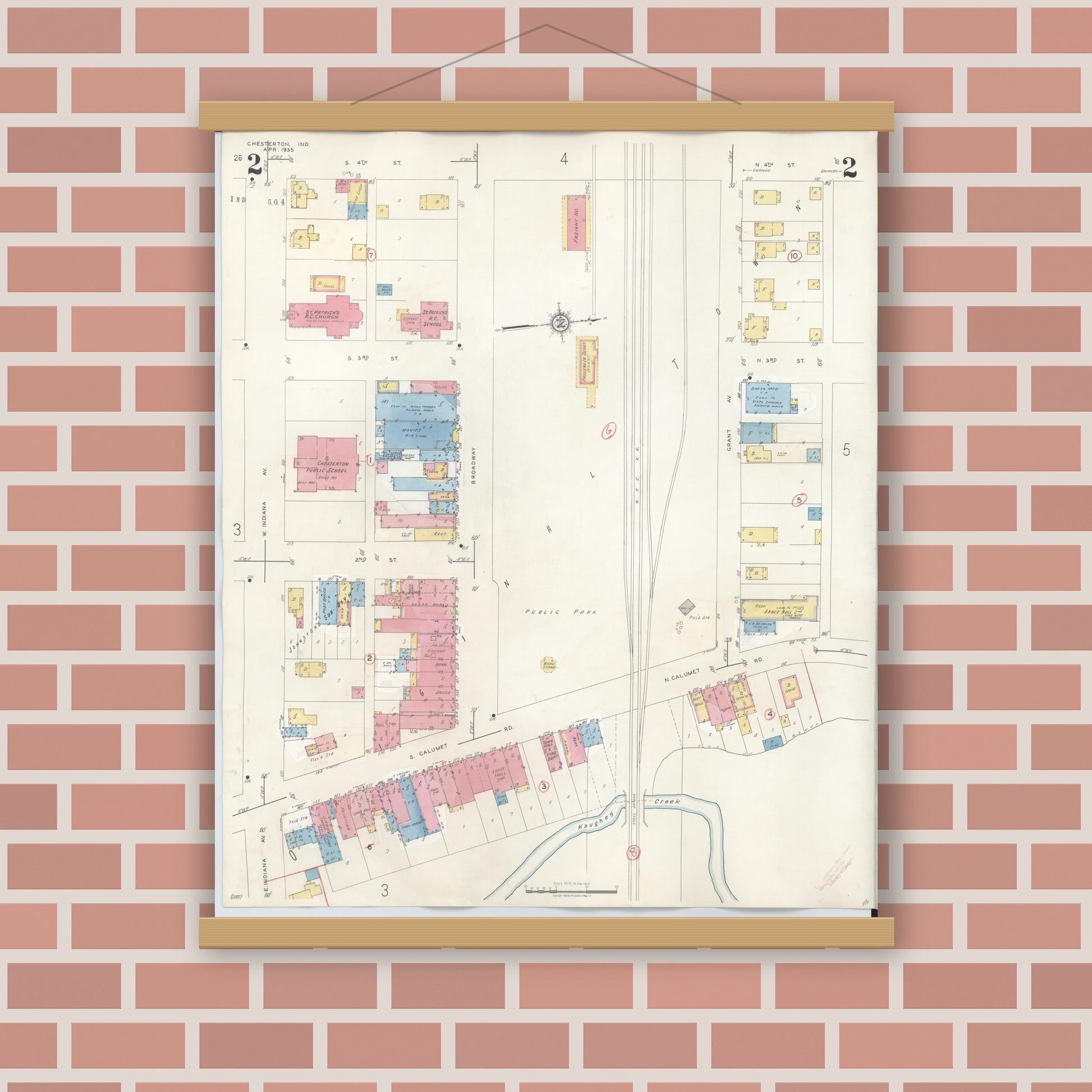 Old map wall art mockup — magnetic wood frame on brick wall — Sanborn Fire Insurance Map from Chesterton, Porter County, Indiana (1951), Sheet #0002