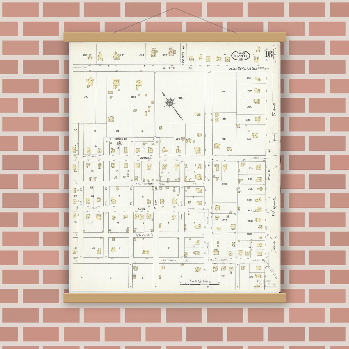 Old map wall art mockup — magnetic wood frame on brick wall — Sanborn Fire Insurance Map from Terrell, Kaufman County, Texas (1914), Sheet #0016