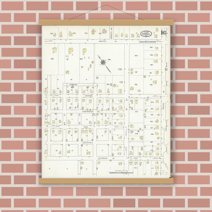 Old map wall art mockup — magnetic wood frame on brick wall — Sanborn Fire Insurance Map from Terrell, Kaufman County, Texas (1914), Sheet #0016