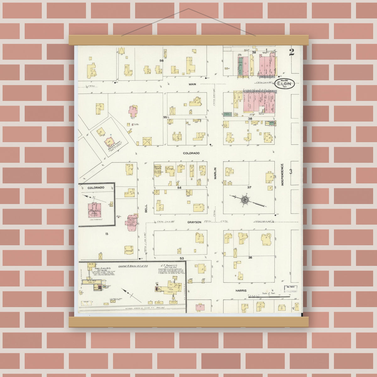Old map wall art mockup — magnetic wood frame on brick wall — Sanborn Fire Insurance Map from Elgin, Bastrop County, Texas (1910), Sheet #0002