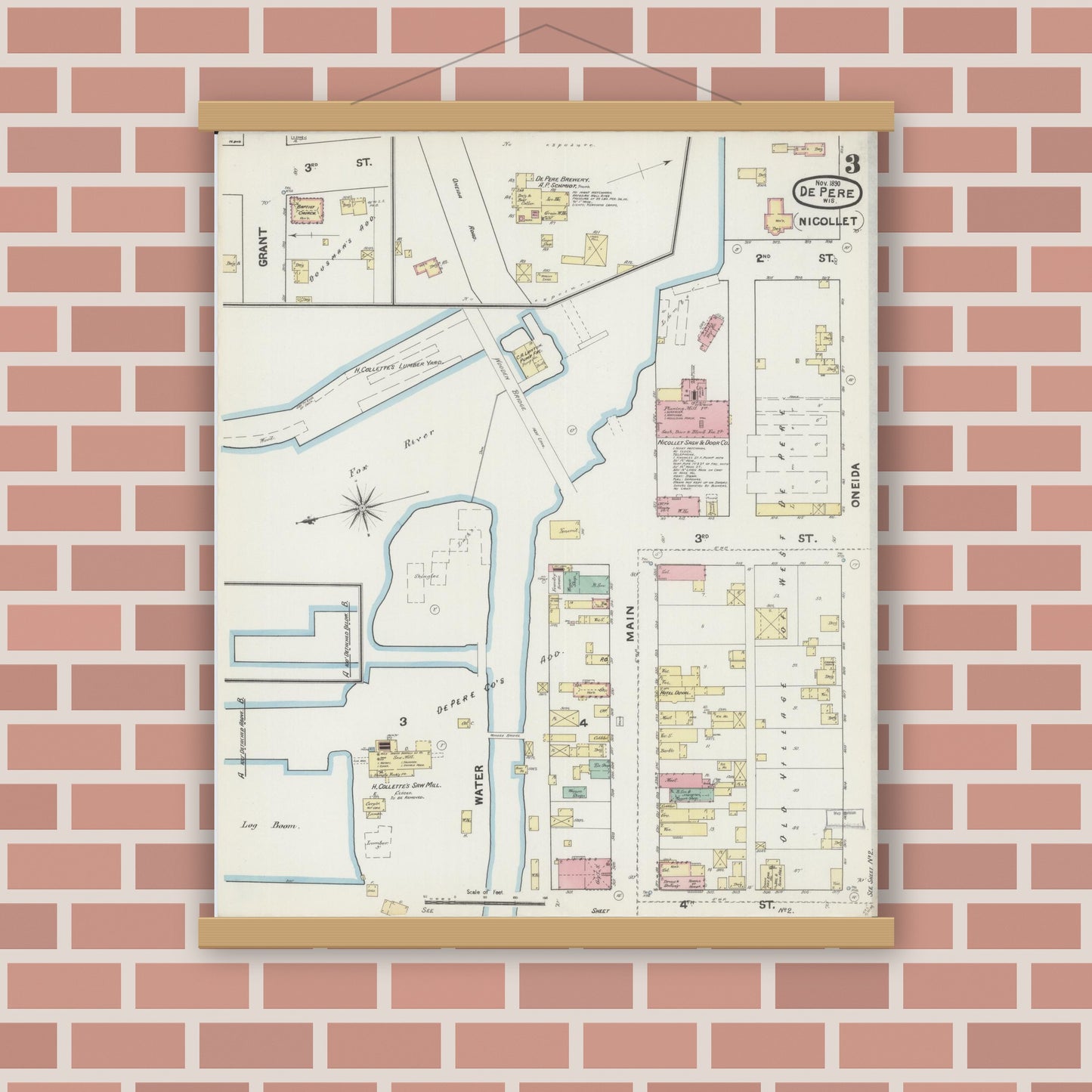 Old map wall art mockup — magnetic wood frame on brick wall — Sanborn Fire Insurance Map from De Pere, Brown County, Wisconsin (1890), Sheet #0003