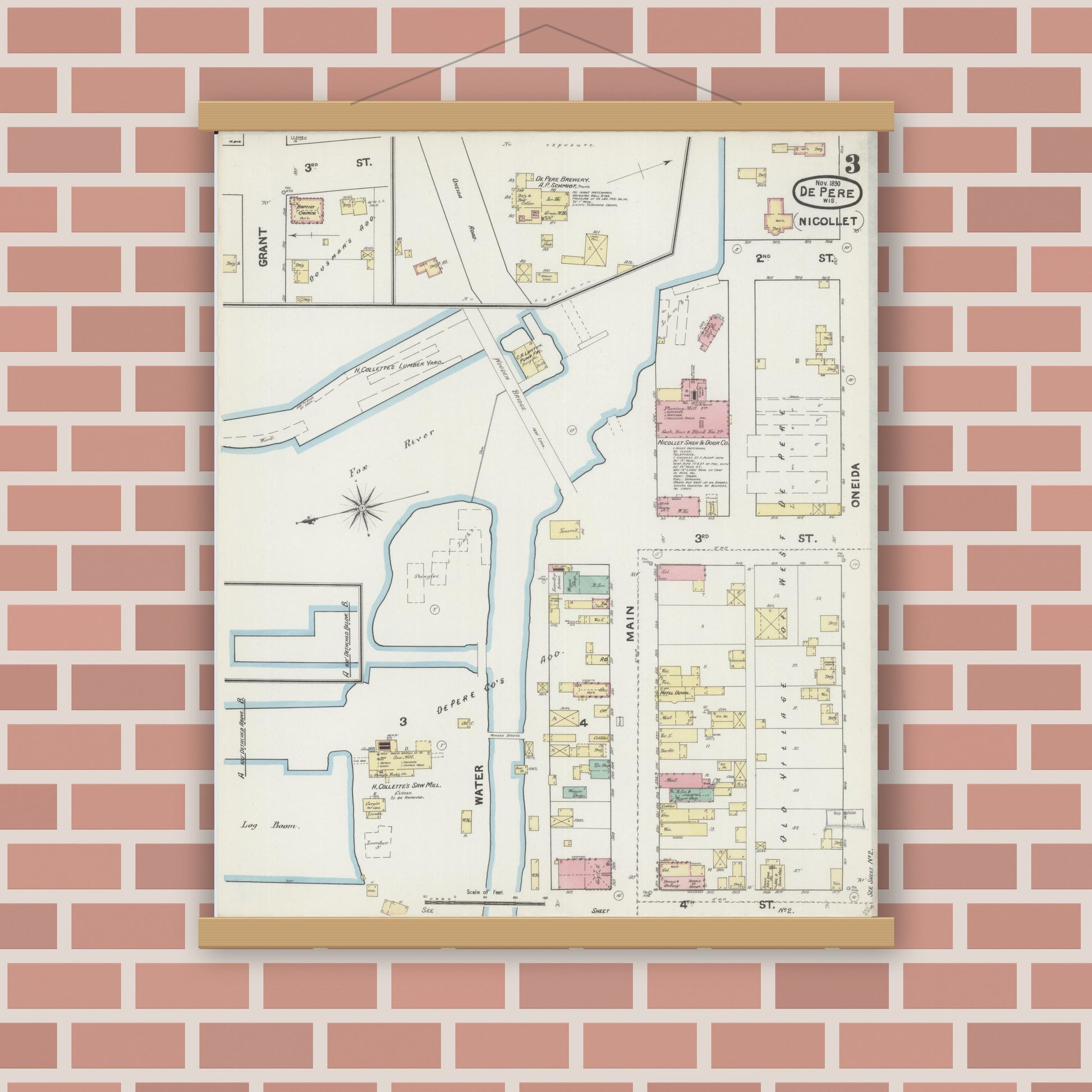Old map wall art mockup — magnetic wood frame on brick wall — Sanborn Fire Insurance Map from De Pere, Brown County, Wisconsin (1890), Sheet #0003