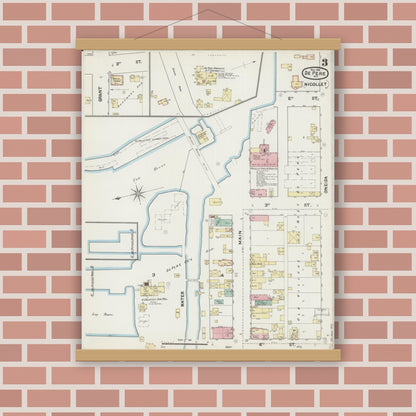 Old map wall art mockup — magnetic wood frame on brick wall — Sanborn Fire Insurance Map from De Pere, Brown County, Wisconsin (1890), Sheet #0003