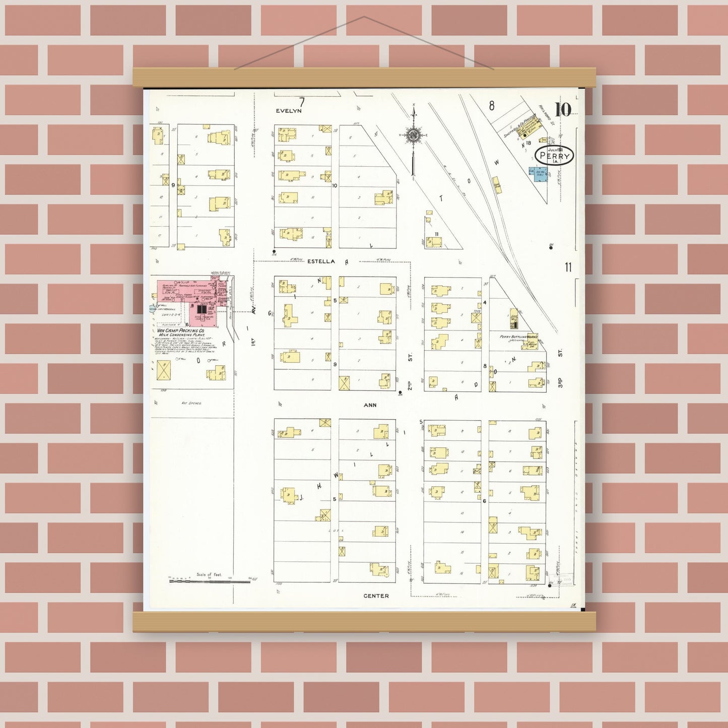 Old map wall art mockup — magnetic wood frame on brick wall — Sanborn Fire Insurance Map from Perry, Dallas County, Iowa (1911), Sheet #0010