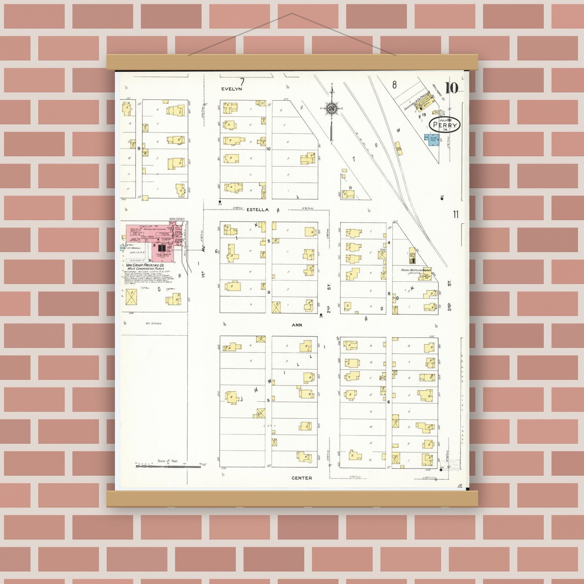 Old map wall art mockup — magnetic wood frame on brick wall — Sanborn Fire Insurance Map from Perry, Dallas County, Iowa (1911), Sheet #0010
