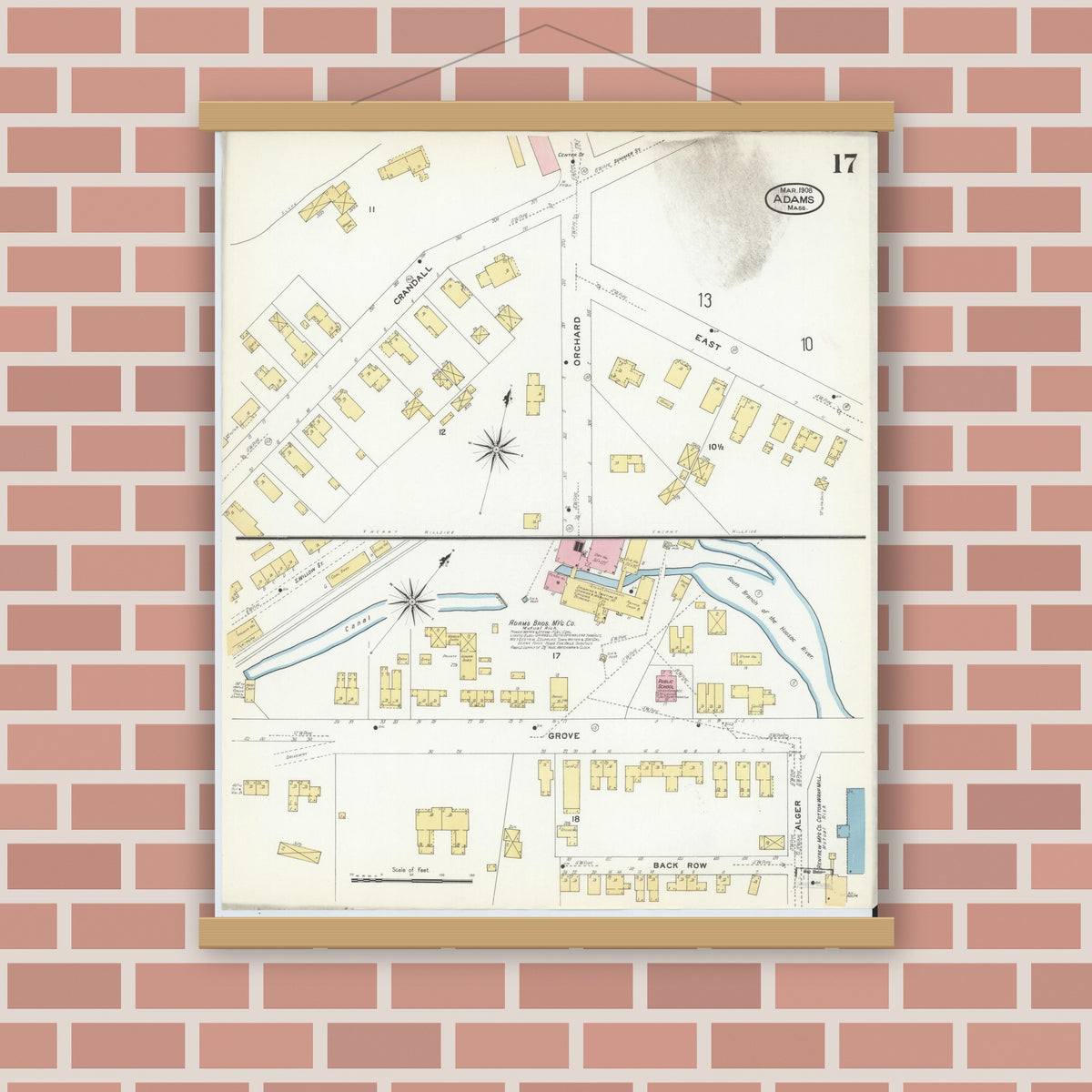 Old map wall art mockup — magnetic wood frame on brick wall — Sanborn Fire Insurance Map from Adams, Berkshire County, Massachusetts (1908), Sheet #0017