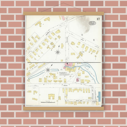 Old map wall art mockup — magnetic wood frame on brick wall — Sanborn Fire Insurance Map from Adams, Berkshire County, Massachusetts (1908), Sheet #0017