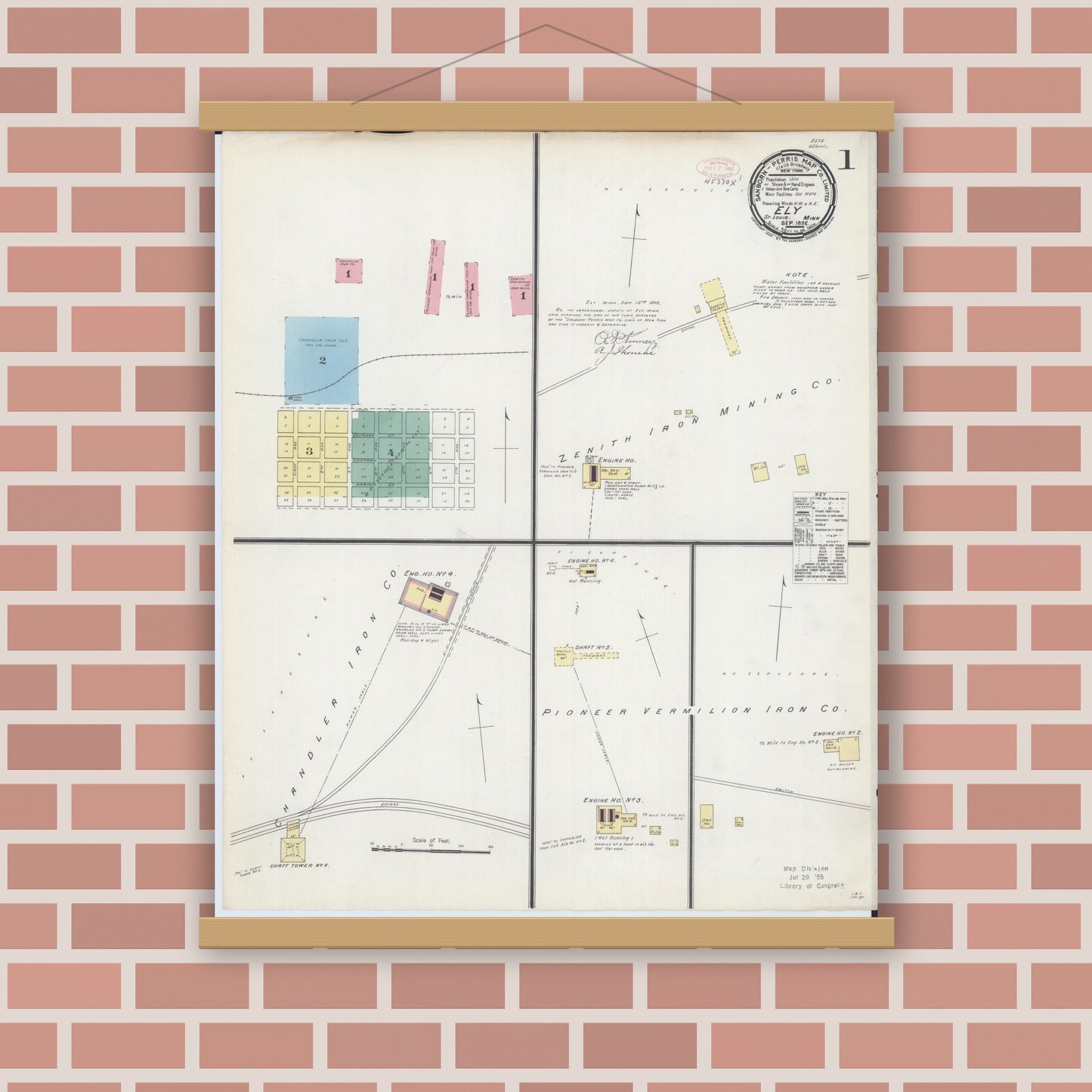Old map wall art mockup — magnetic wood frame on brick wall — Sanborn Fire Insurance Map from Ely, Saint Louis County, Minnesota (1892), Sheet #0001