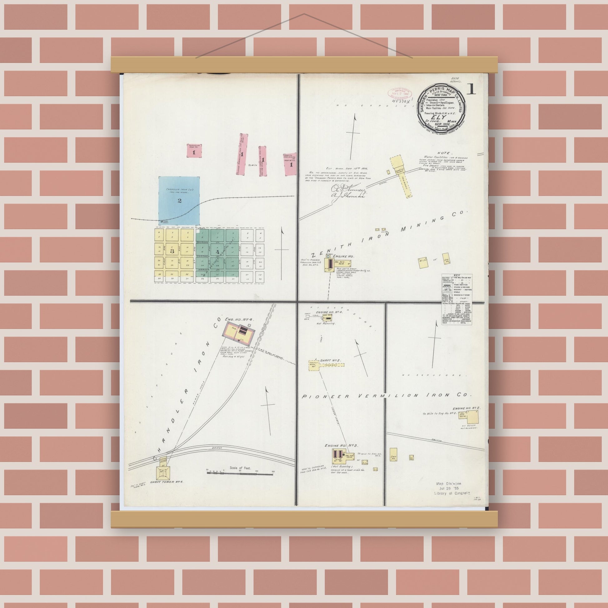 Old map wall art mockup — magnetic wood frame on brick wall — Sanborn Fire Insurance Map from Ely, Saint Louis County, Minnesota (1892), Sheet #0001