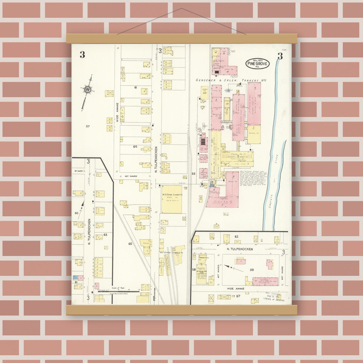 Old map wall art mockup — magnetic wood frame on brick wall — Sanborn Fire Insurance Map from Pine Grove, Schuylkill County, Pennsylvania (1923), Sheet #0003