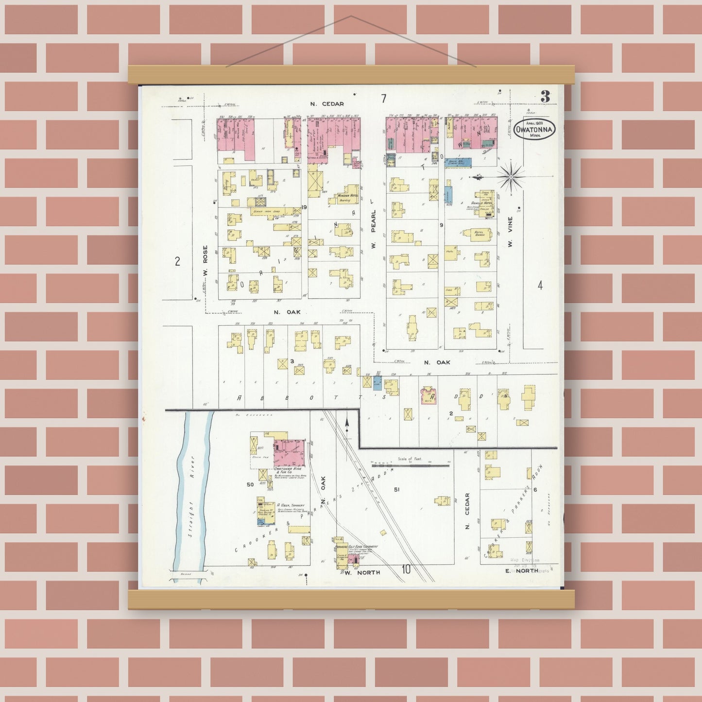 Old map wall art mockup — magnetic wood frame on brick wall — Sanborn Fire Insurance Map from Owatonna, Steele County, Minnesota (1909), Sheet #0003