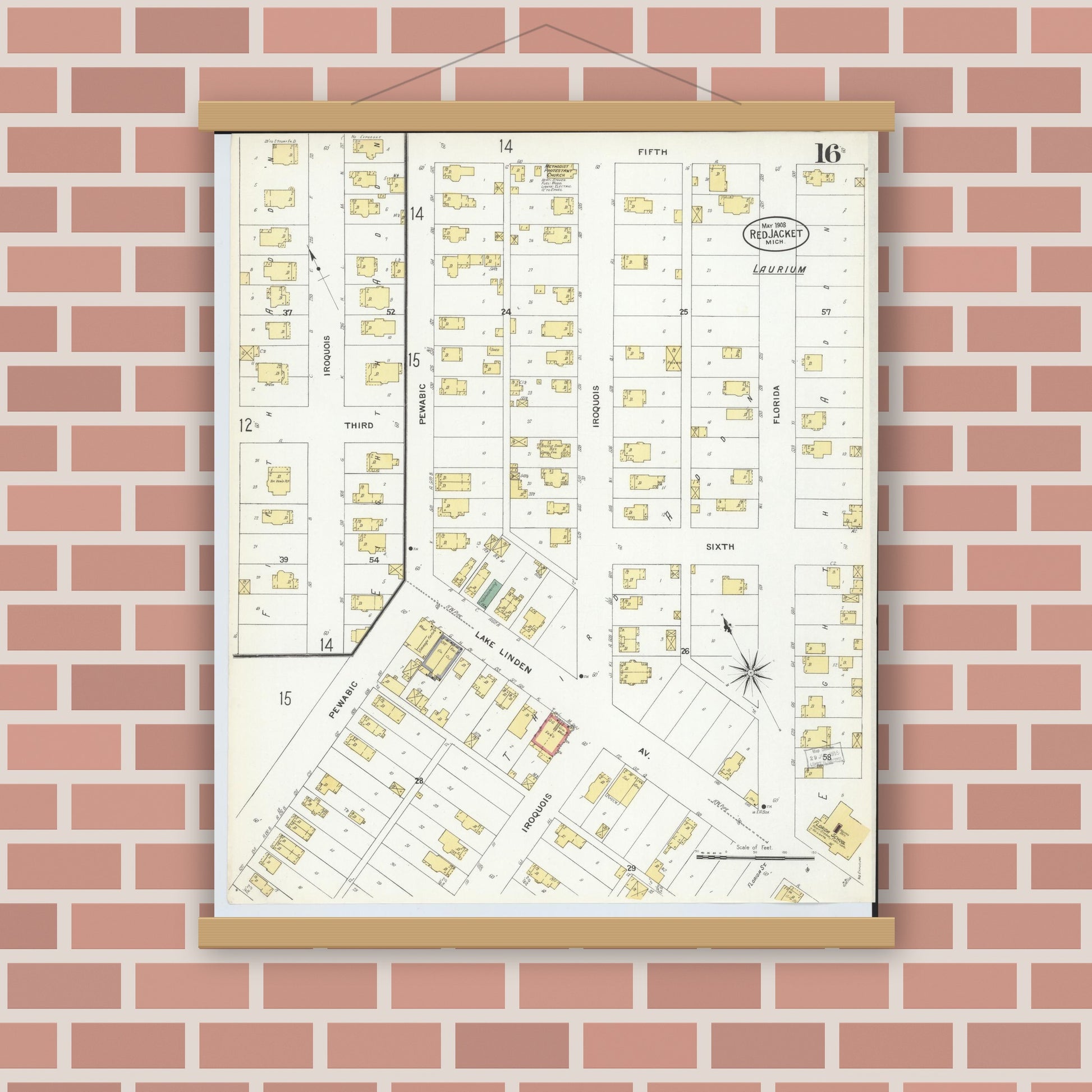 Old map wall art mockup — magnetic wood frame on brick wall — Sanborn Fire Insurance Map from Red Jacket, Houghton County, Michigan (1908), Sheet #0016