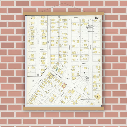 Old map wall art mockup — magnetic wood frame on brick wall — Sanborn Fire Insurance Map from Red Jacket, Houghton County, Michigan (1908), Sheet #0016