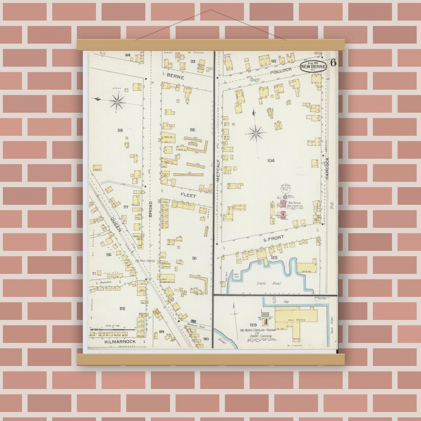 Old map wall art mockup — magnetic wood frame on brick wall — Sanborn Fire Insurance Map from New Bern, Craven County, North Carolina (1893), Sheet #0006