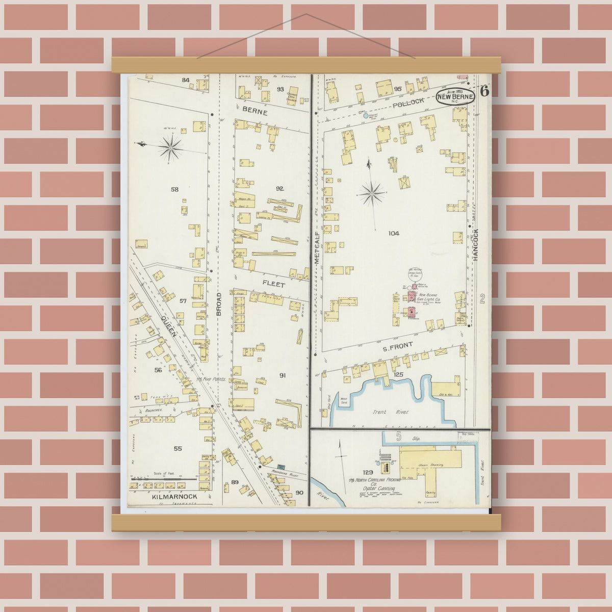 Old map wall art mockup — magnetic wood frame on brick wall — Sanborn Fire Insurance Map from New Bern, Craven County, North Carolina (1893), Sheet #0006