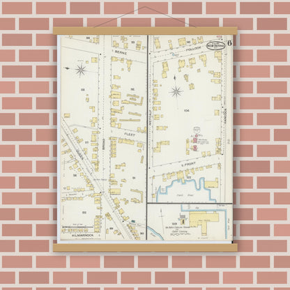 Old map wall art mockup — magnetic wood frame on brick wall — Sanborn Fire Insurance Map from New Bern, Craven County, North Carolina (1893), Sheet #0006