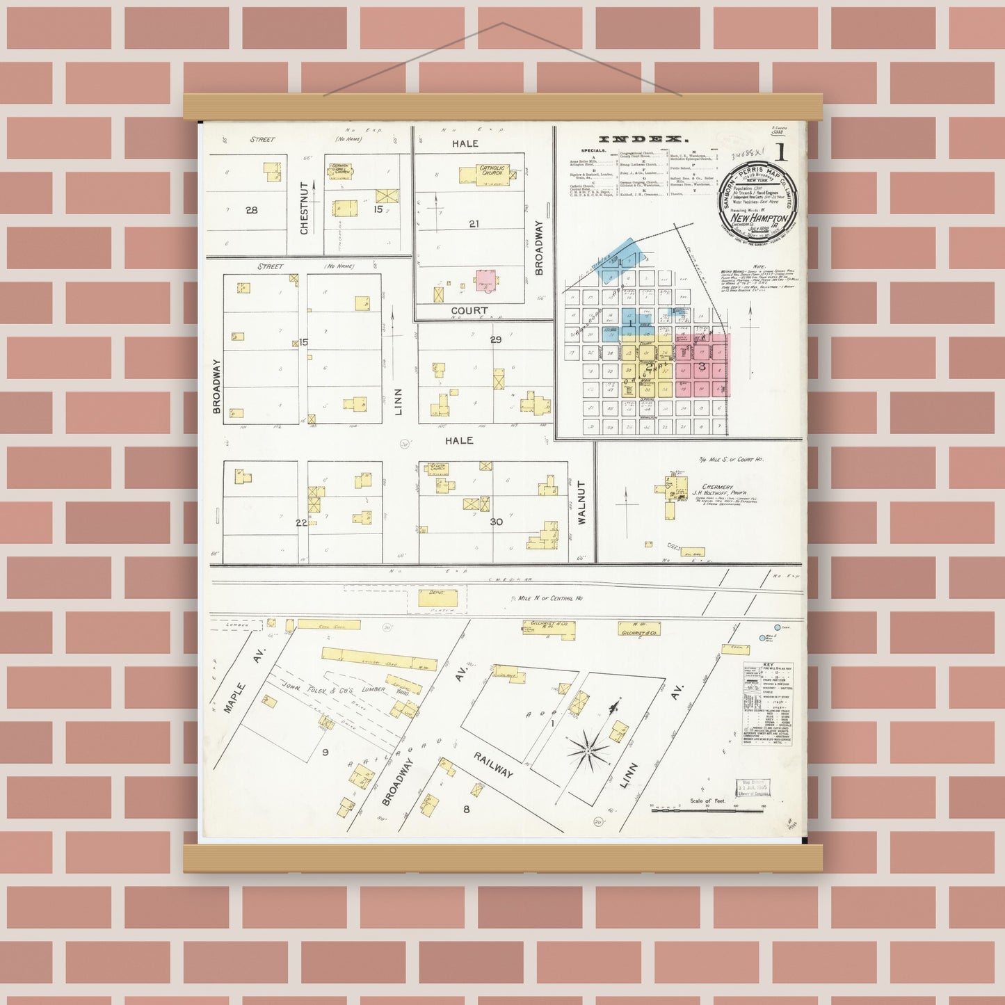 Old map wall art mockup — magnetic wood frame on brick wall — Sanborn Fire Insurance Map from New Hampton, Chickasaw County, Iowa (1892) â€” Complete Set